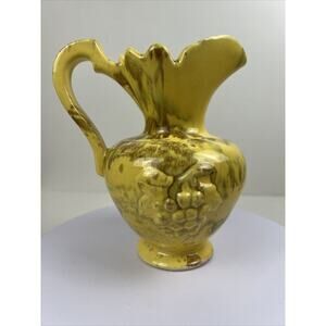 Mid Century Glazed Pottery Pitcher‎ Yellow With Marbling